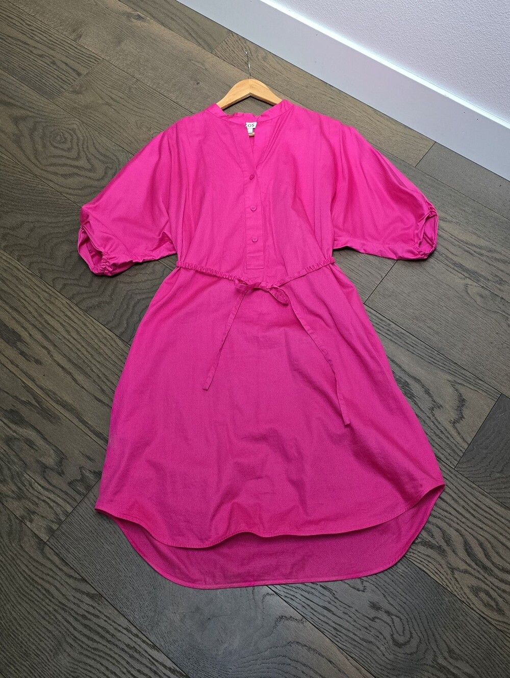 COS Belted Midi Puff Sleeve Shirt Dress in Hot Pink